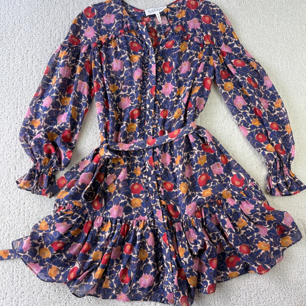 Saloni Pixie Dress Women Size 0 Blue Lotus Lake Floral Silk Puff Sleeve Mini